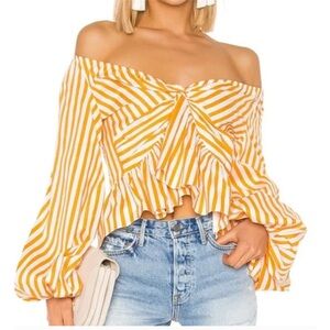 Caroline Constas Onira Balloon Sleeve Off Shoulder Orange Striped Top M